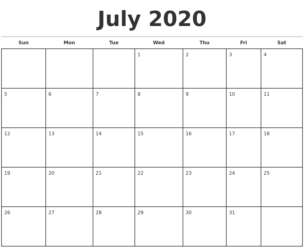 July 2020 Monthly Calendar Template