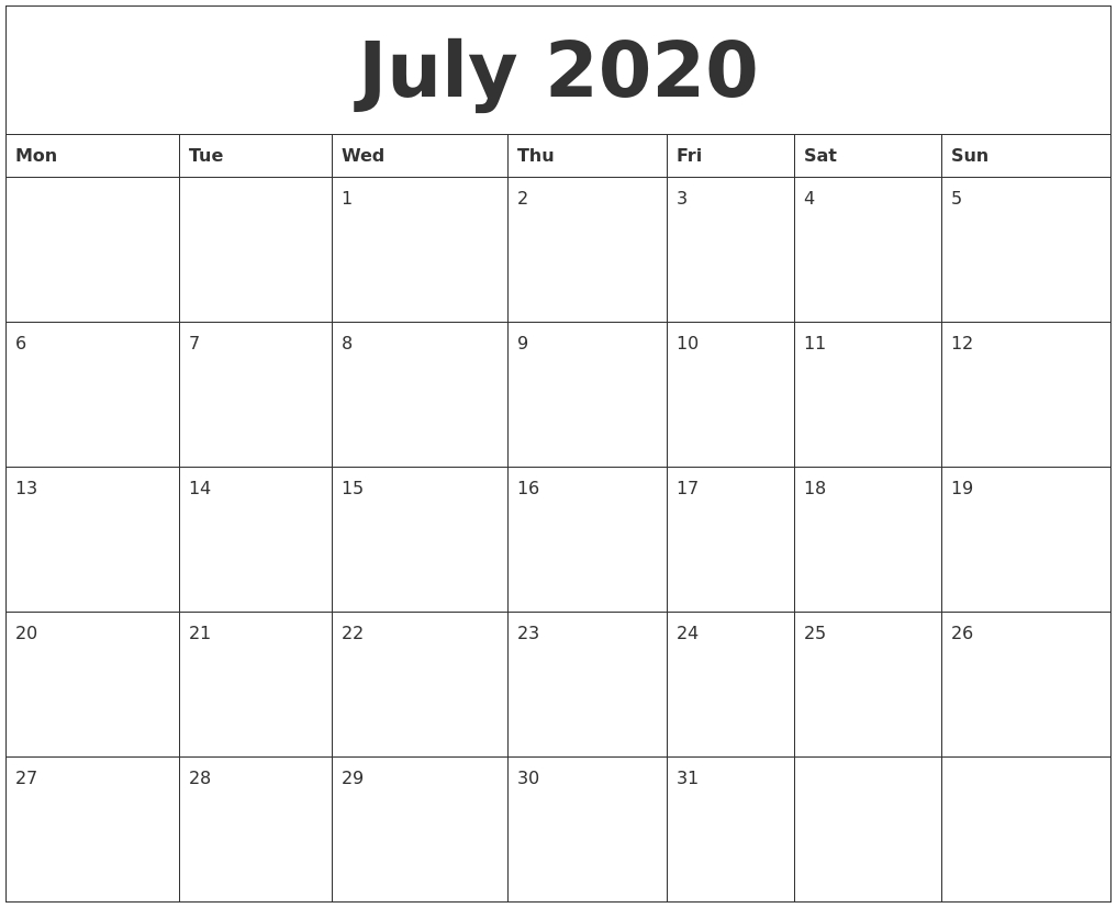 July 2020 Monthly Calendar To Print