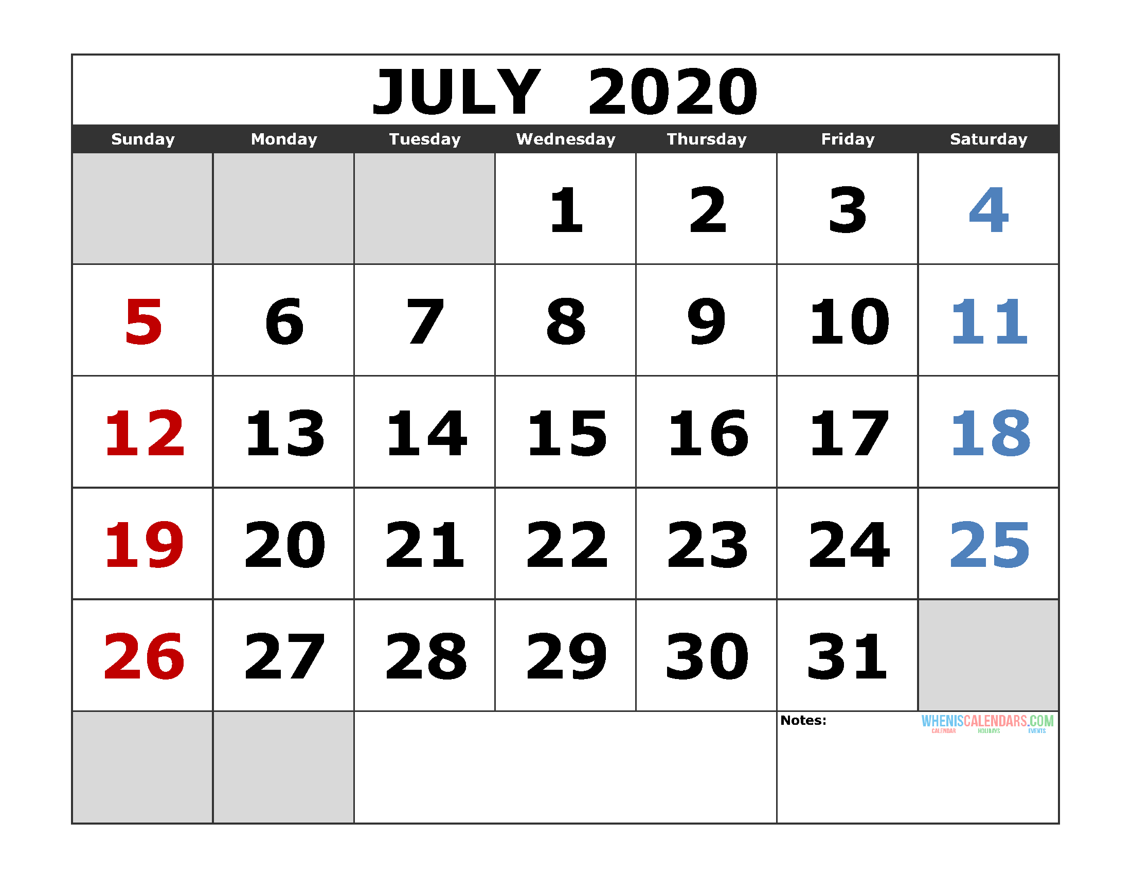 Large Print Calendar For July 2020 Example Calendar Printable