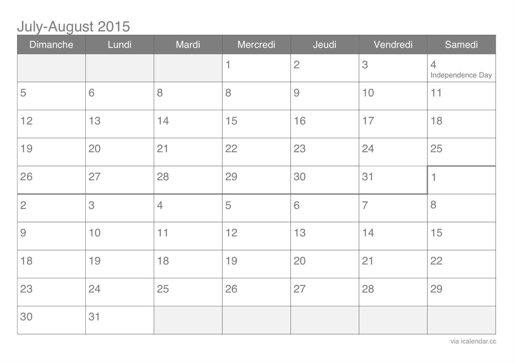 July And August 2015 Printable Calendar - Icalendars