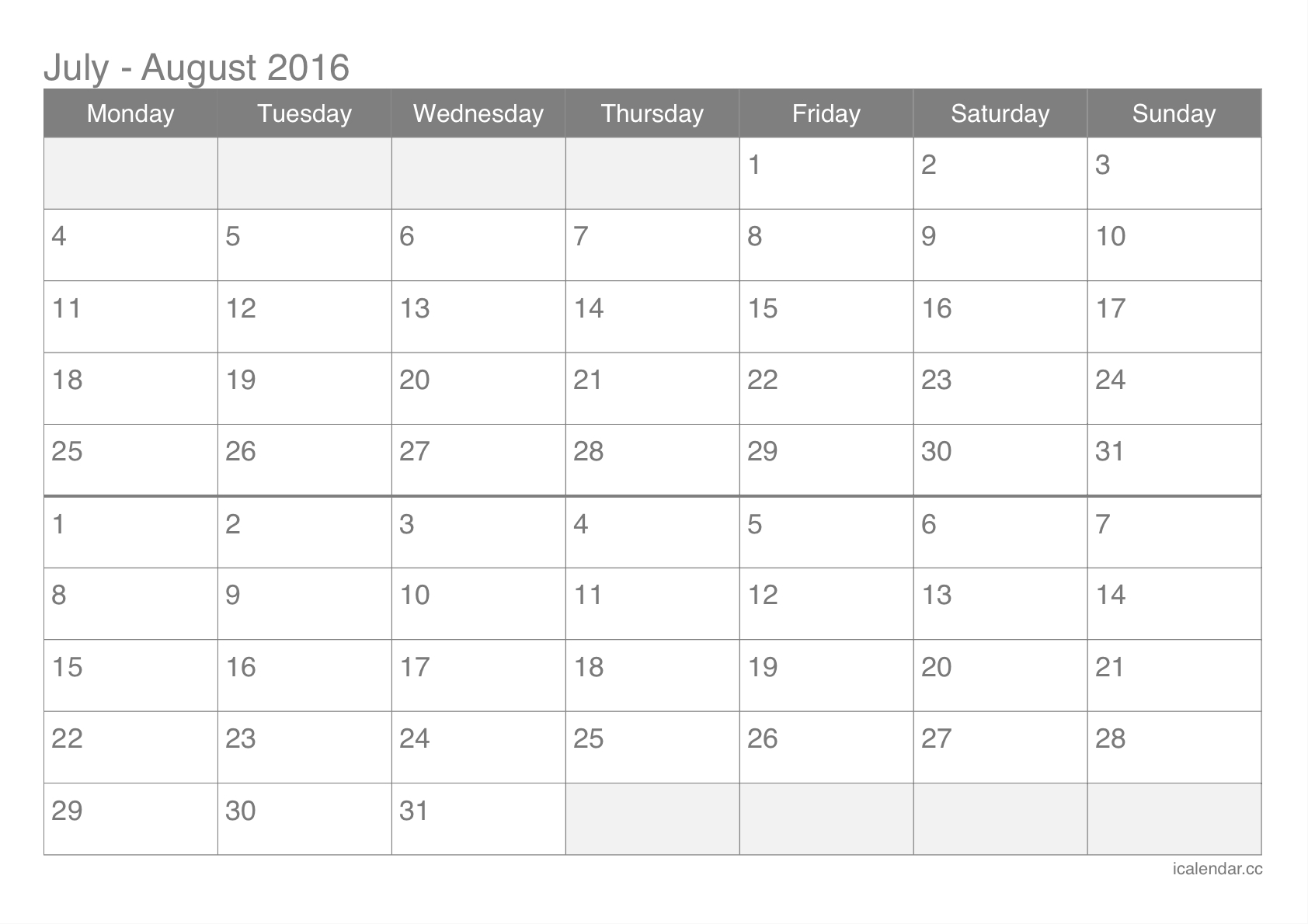 July And August 2016 Printable Calendar - Icalendars