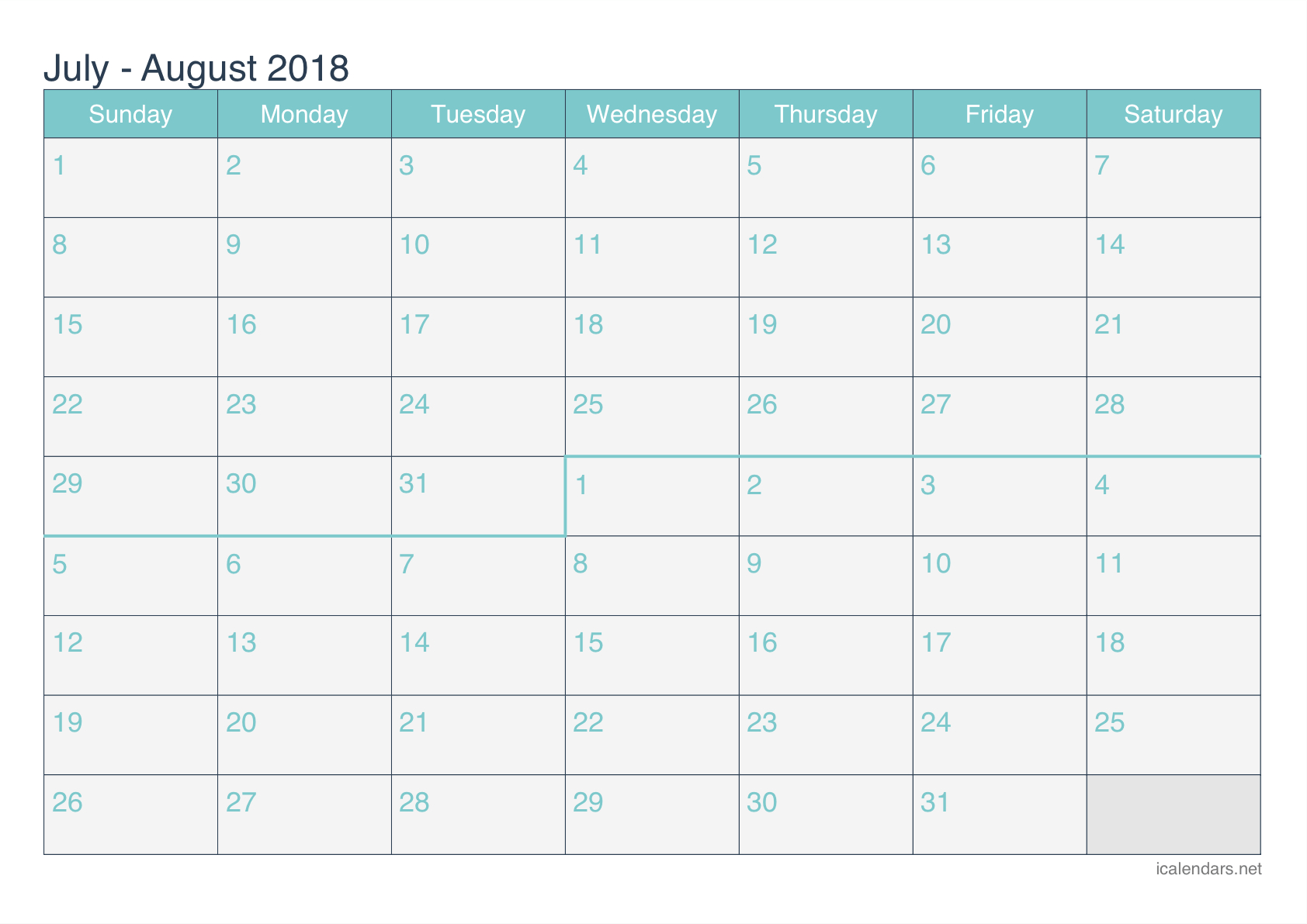 July And August 2018 Printable Calendar - Icalendars