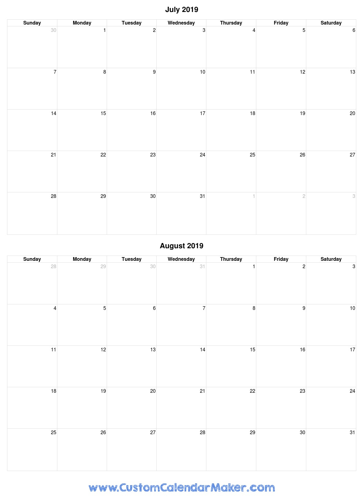 July And August 2019 Free Printable Calendar Template