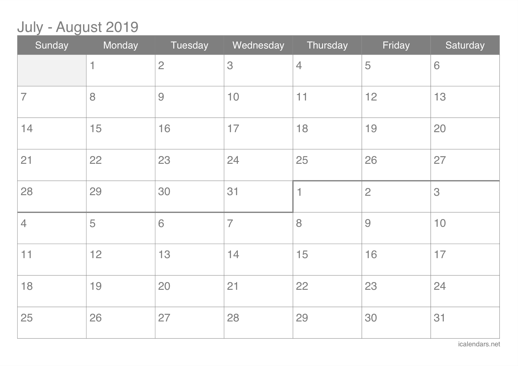 Printable Monthly Calenders For July And August