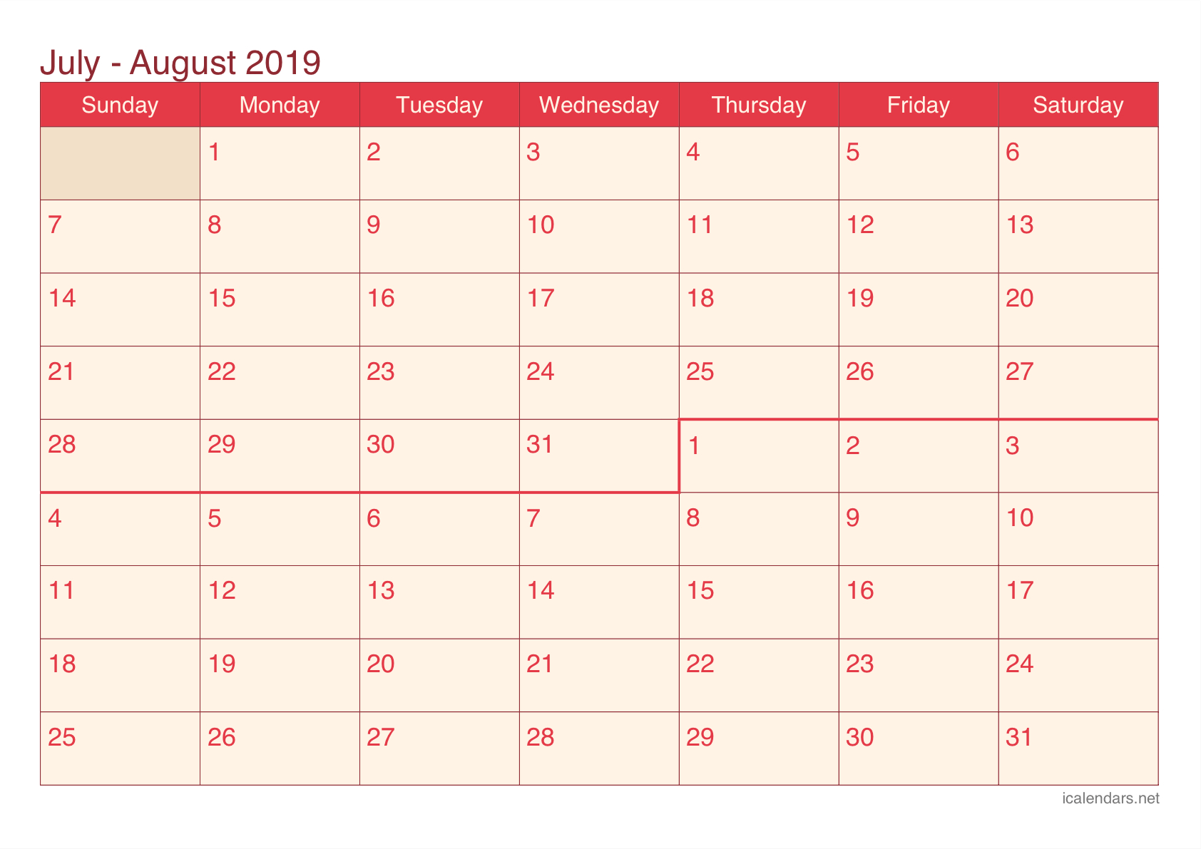 July And August 2019 Printable Calendar - Icalendars