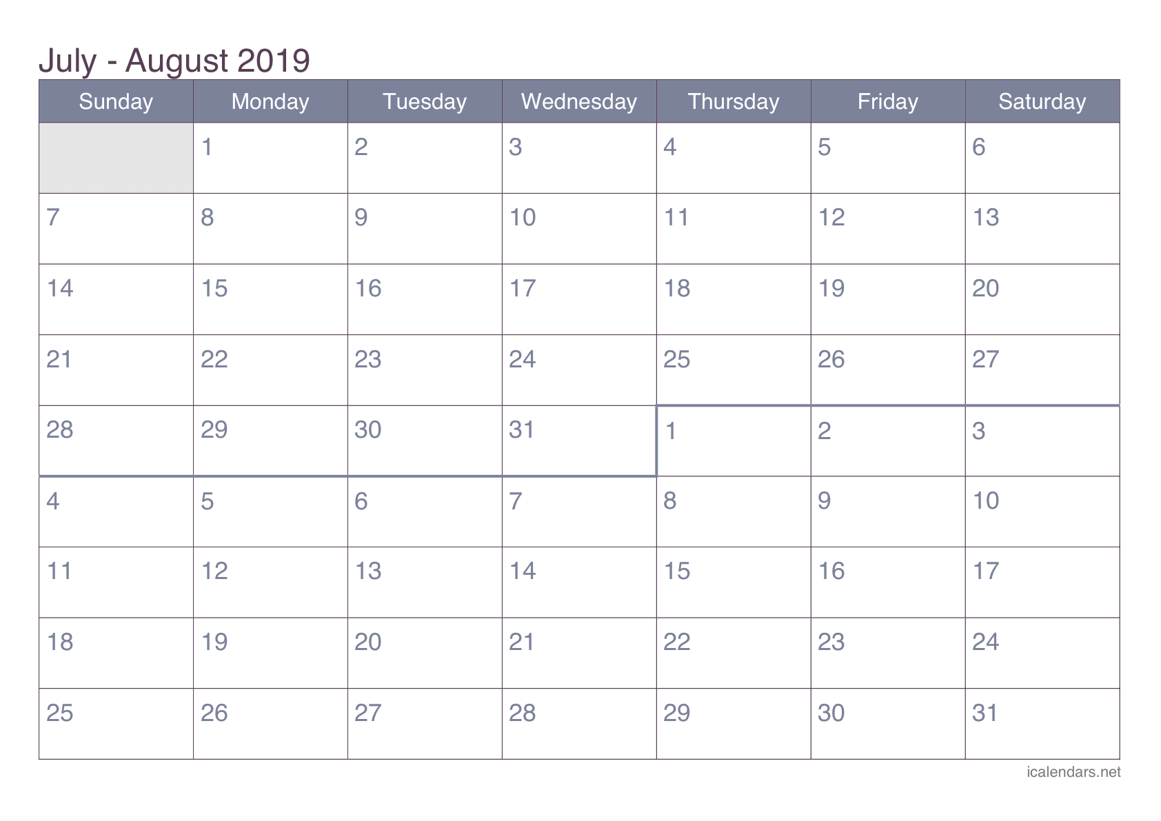 July And August 2019 Printable Calendar - Icalendars