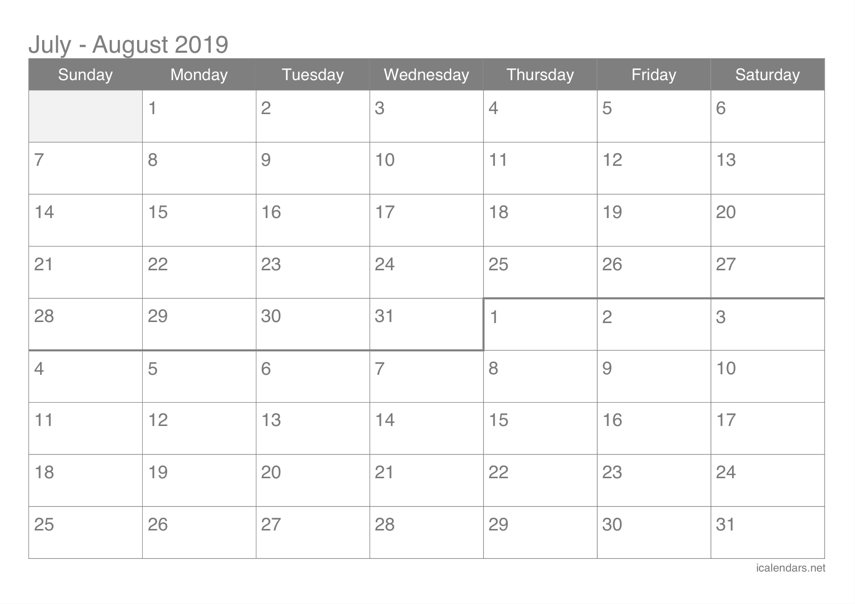 July And August 2019 Printable Calendar - Icalendars