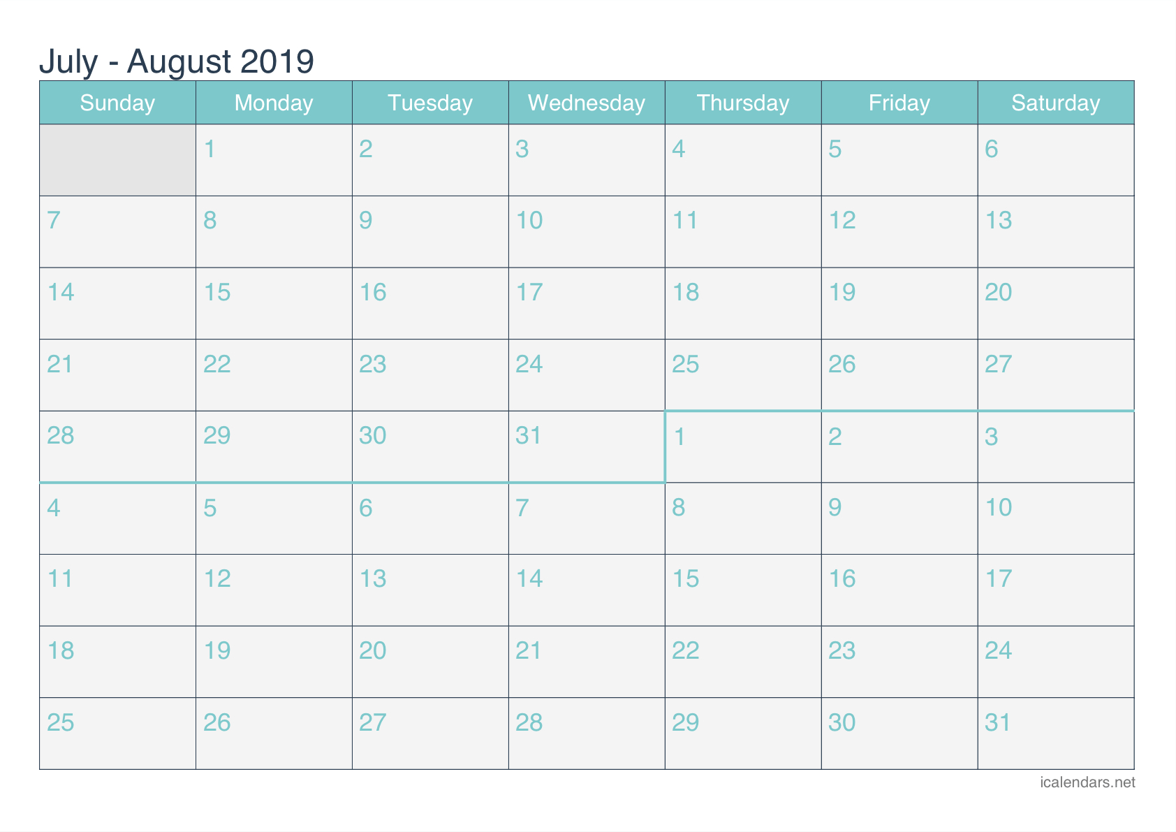 July And August 2019 Printable Calendar - Icalendars