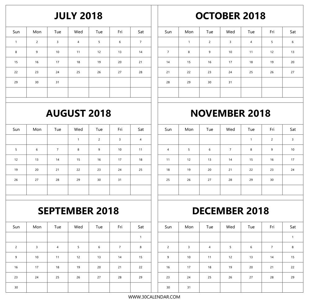 July Aug Sep Oct Nov Dec 2018 Calendar | 6 Months 2018 Template