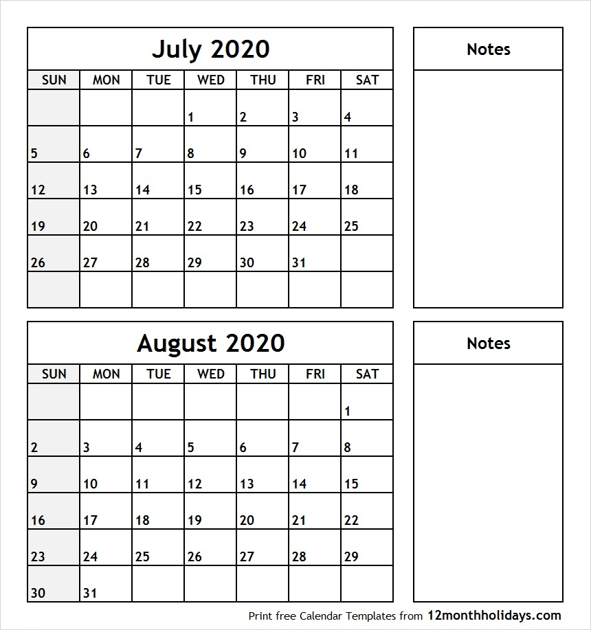 Printable Calendar July/august 2020