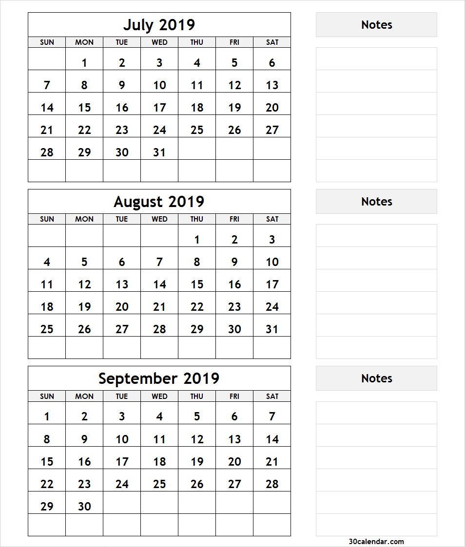 July August September 2019 Calendar | 3 Month Calendar Template