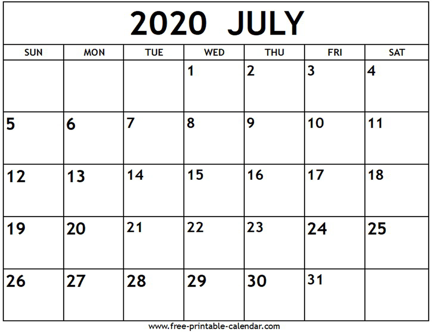 July Calendar 2020