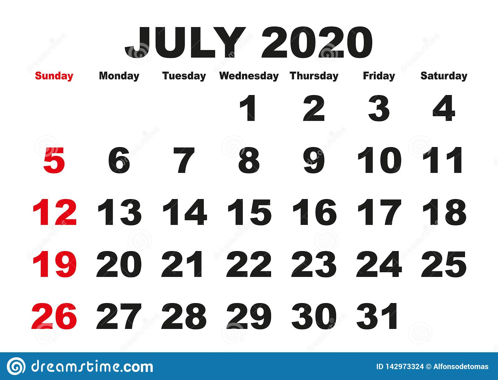 July Month Calendar 2020 English Usa Stock Vector