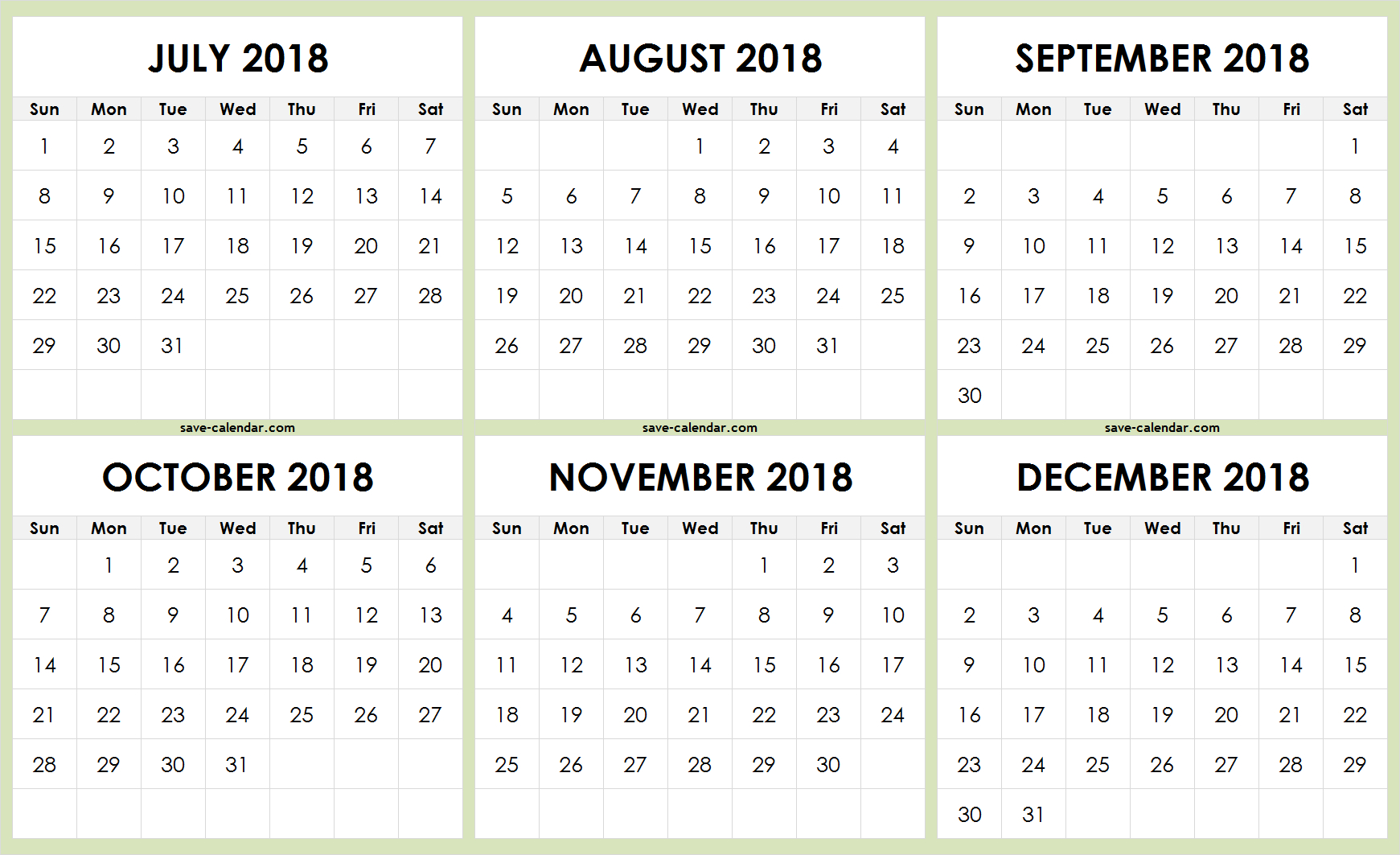 July To December 2018 Calendar Printable Free | 2018