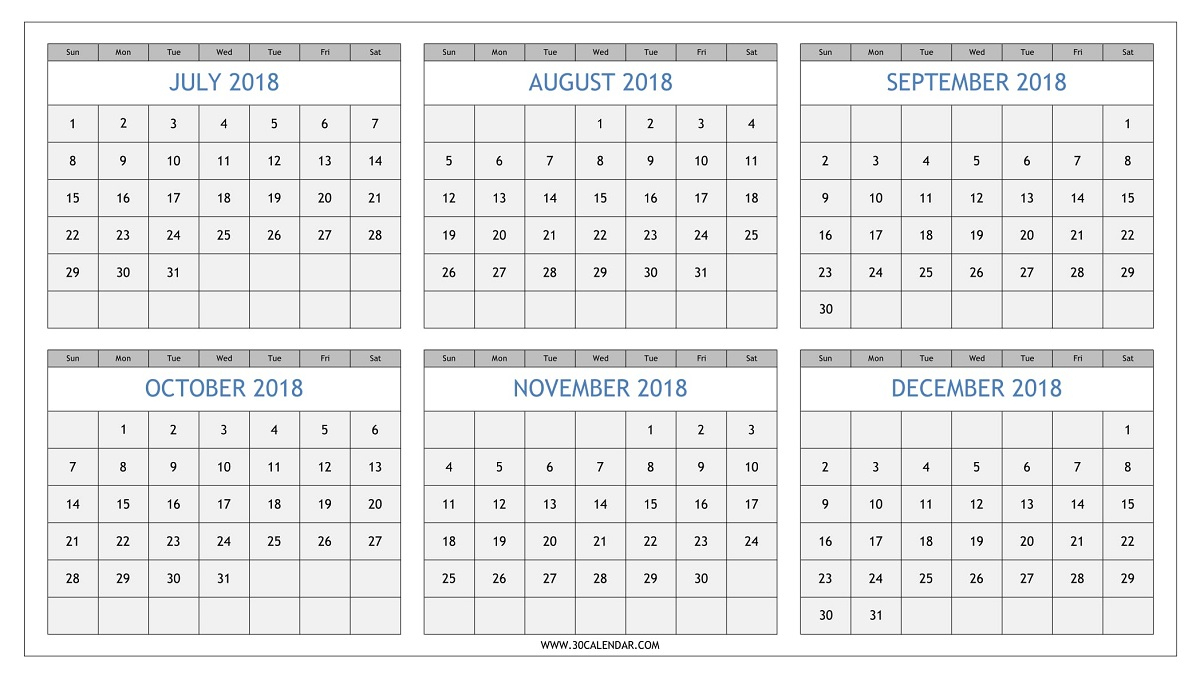 July To December 2018 Calendar Printable | Half Yearly 2018