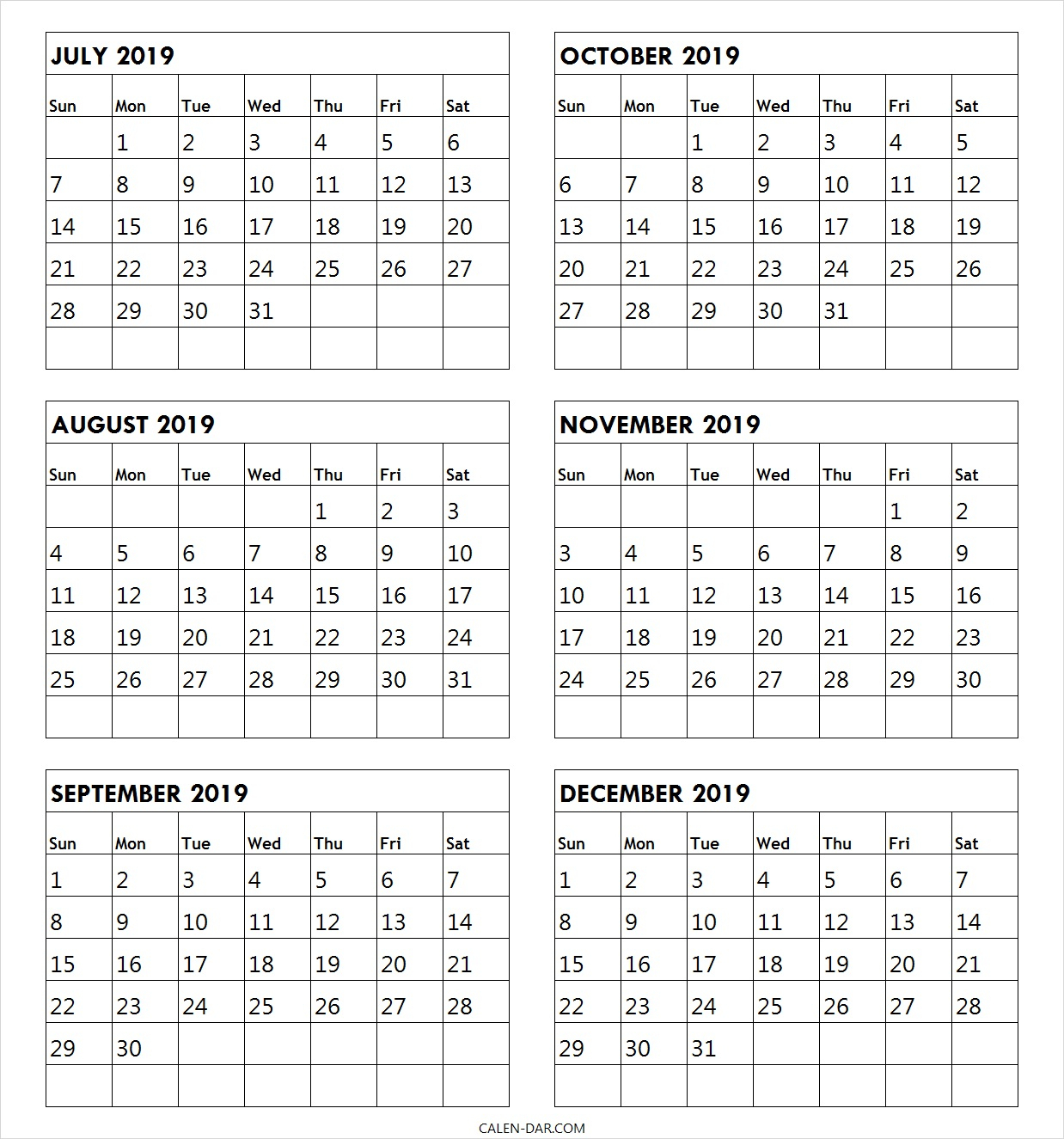 July Through To December 2019 Calander Example Calendar Printable