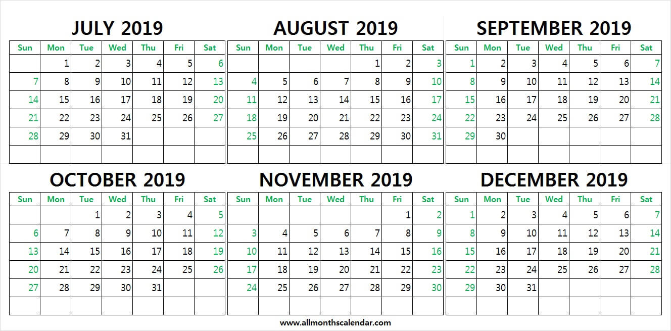 July To December 2019 Calendar Printable | 2019 Weekly