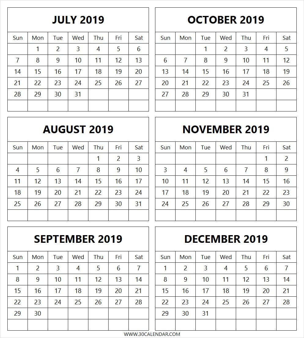 July To December 2019 Calendar Printable | 6 Month 2019 Calendar