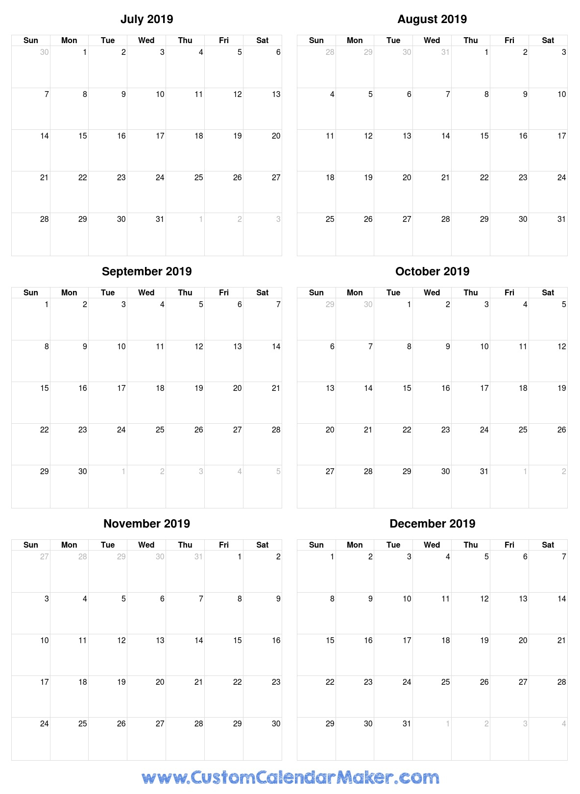 Calendar July To December 2019