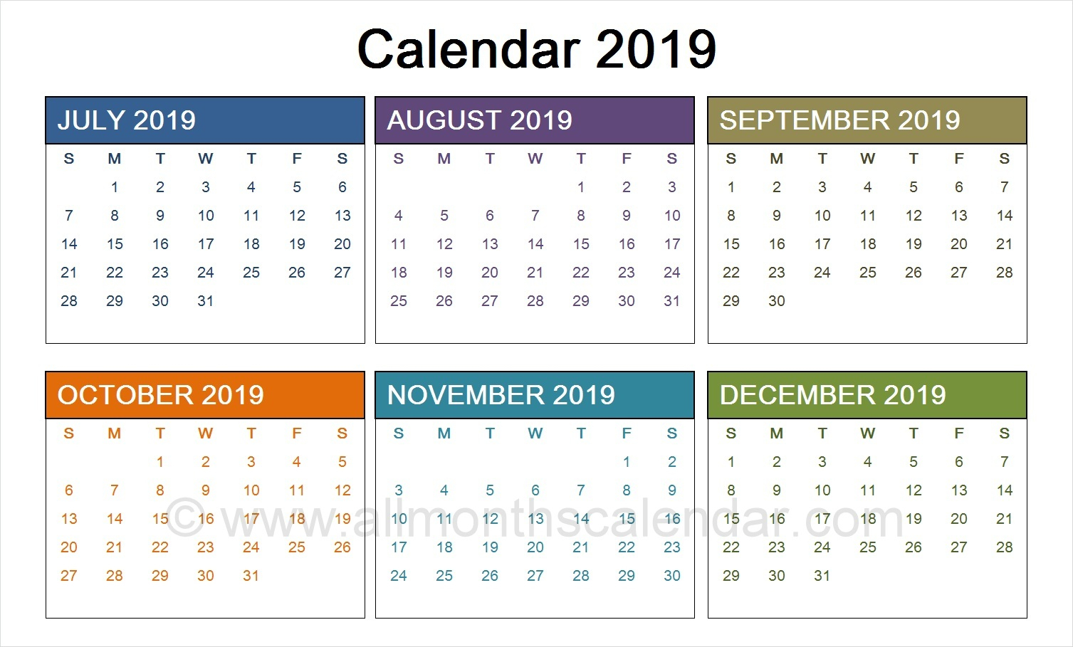 July To December 2019 Calendar Template | Calendar Templates