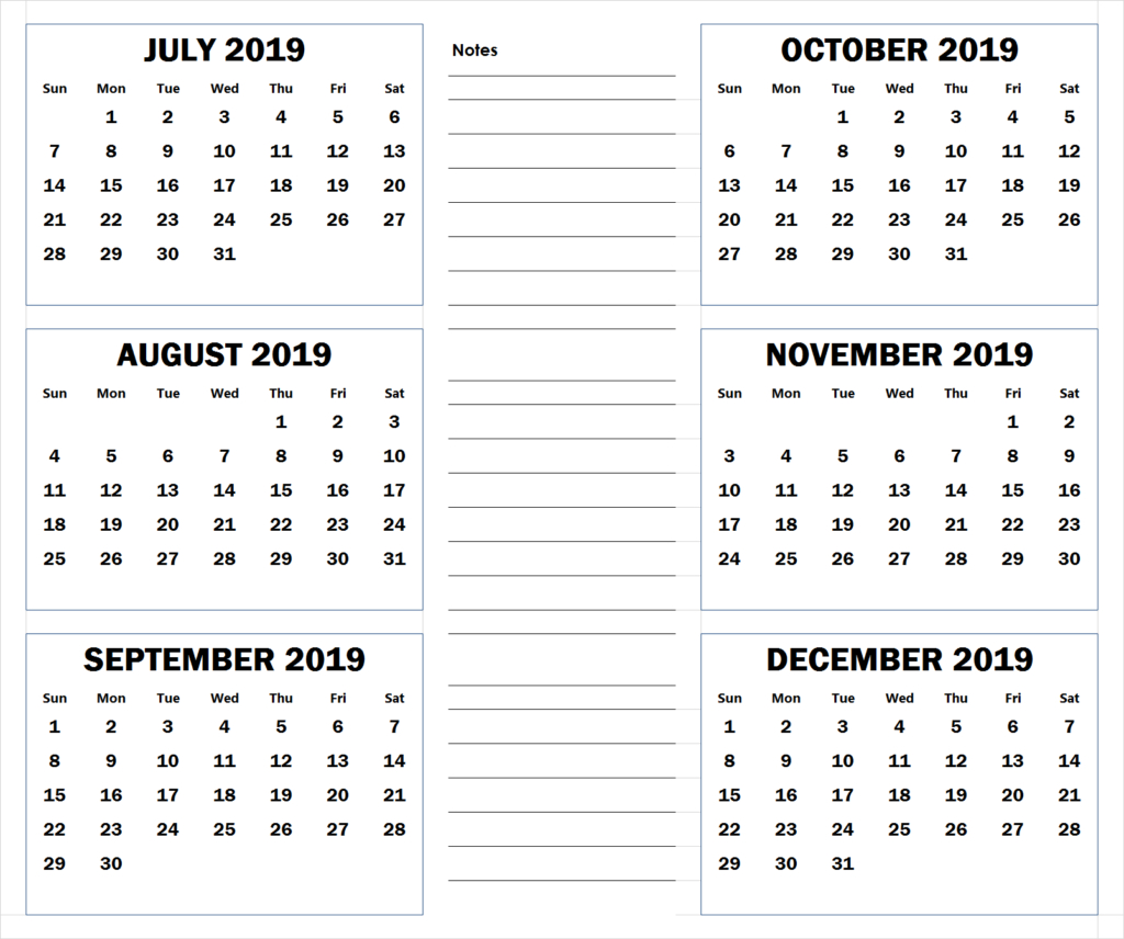 July To December 2019 Printable Calendar | 2019 Calendars