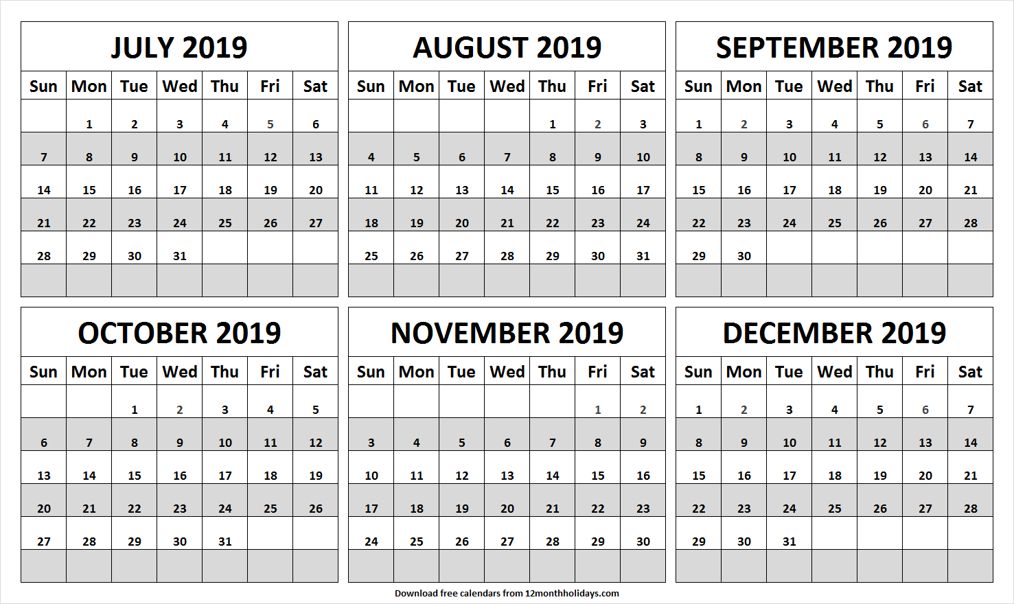 July To December 2019 Printable Calendar | Calendar 2019 Image