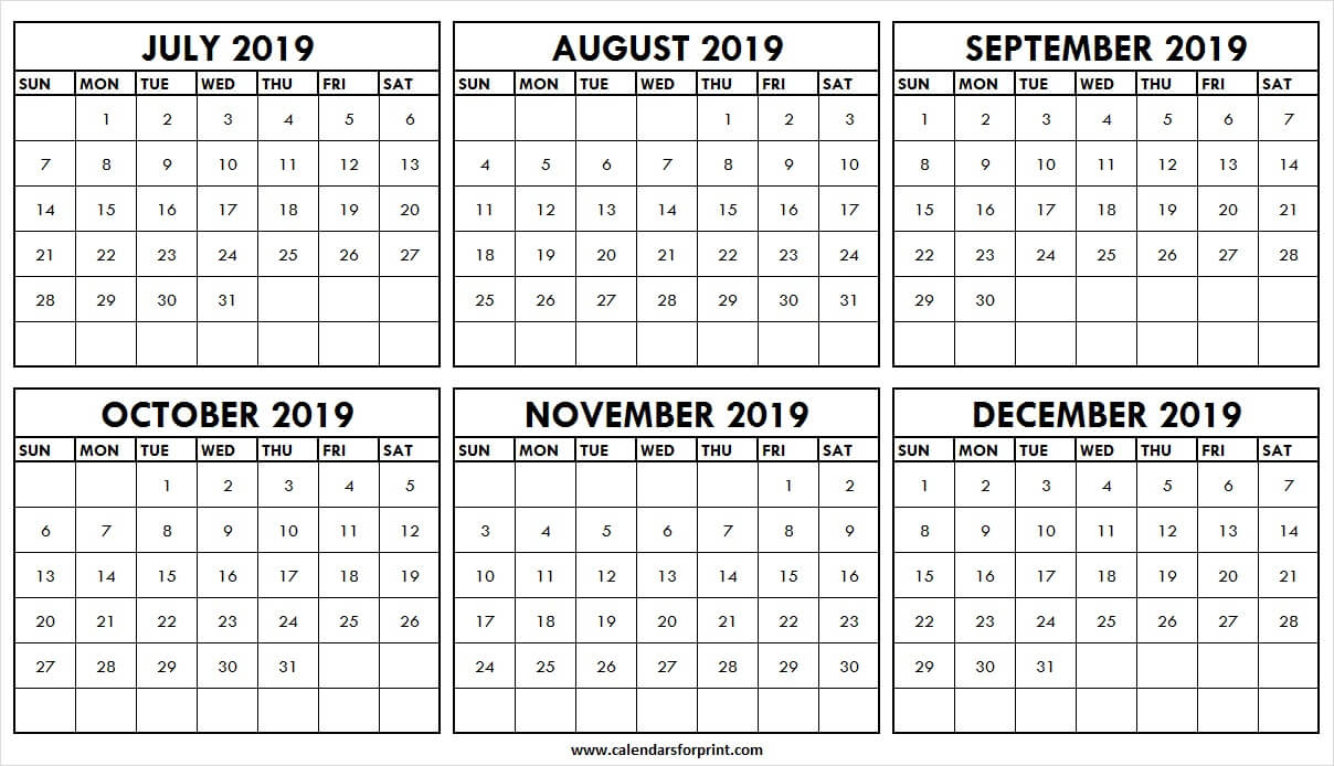 July To December 2019 Printable Calendar | Page 2019 Calendar