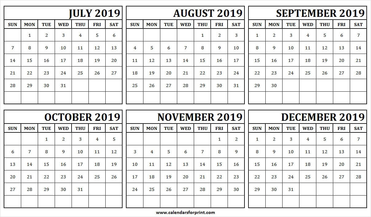 July To December 2019 Printable Calendar | Page 2019 Calendar