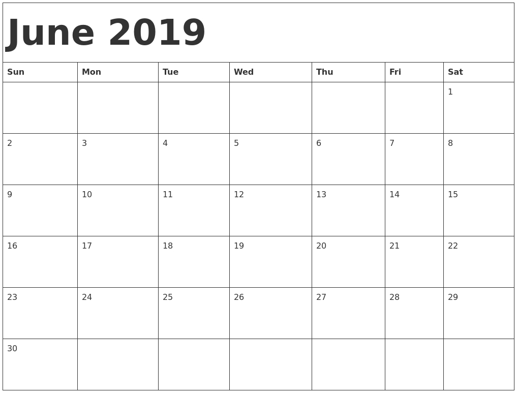 June 2019 Blank Calendar Landscape And Vertical Layout