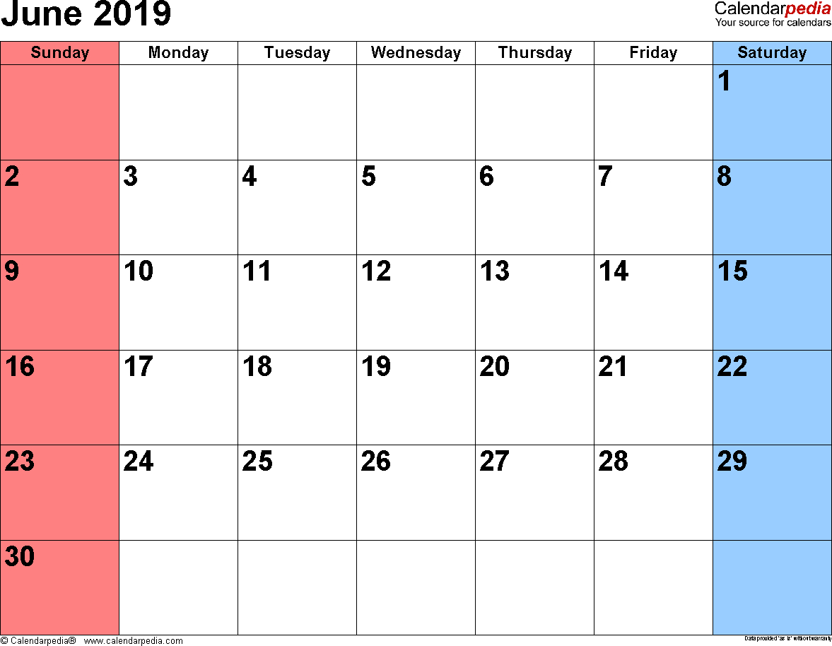 June 2019 Calendars For Word, Excel &amp; Pdf