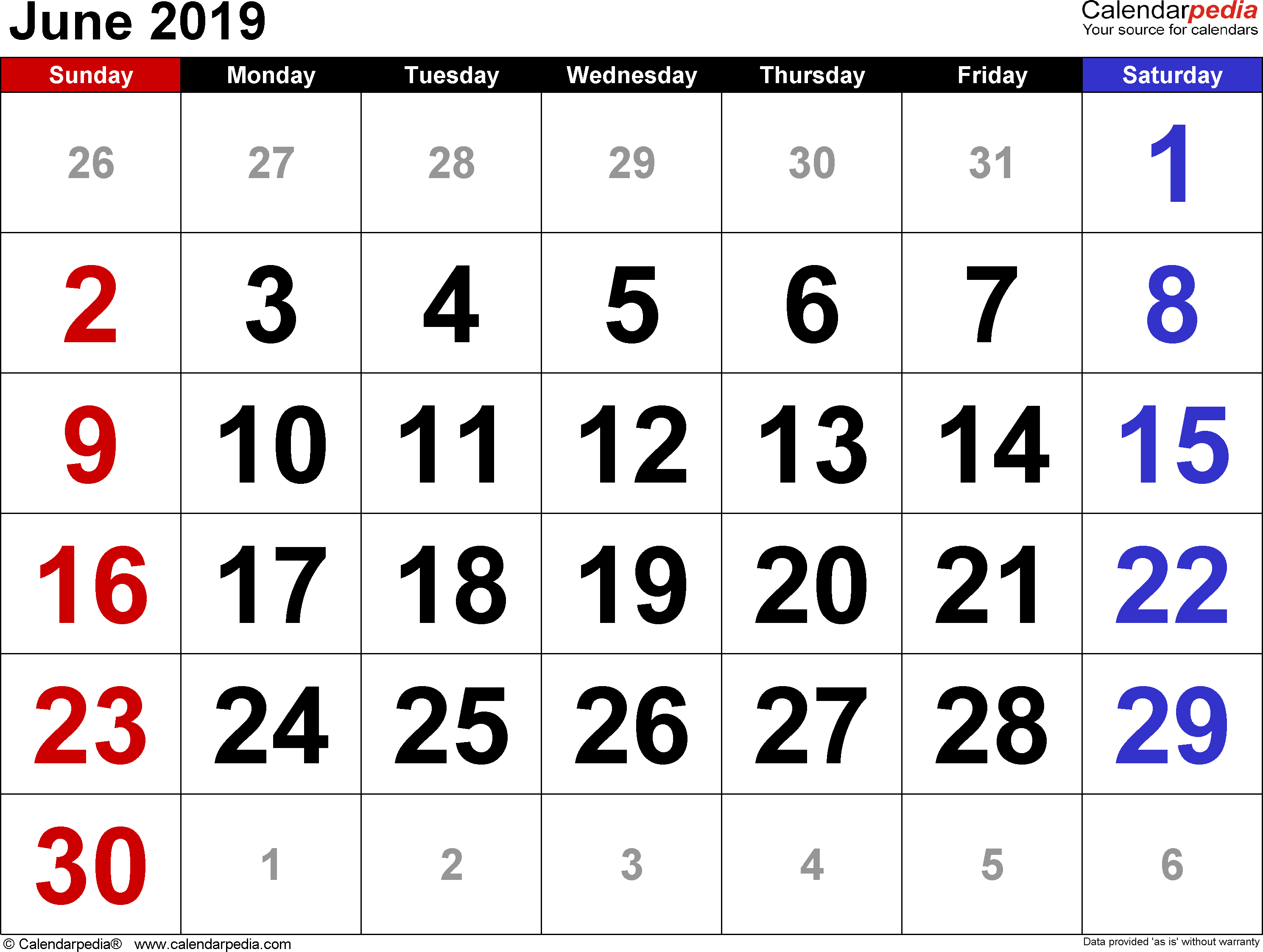 June 2019 Calendars For Word, Excel &amp; Pdf