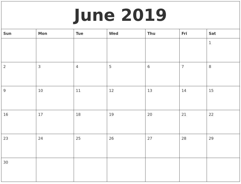 June 2019 Free Blank Calendar Template