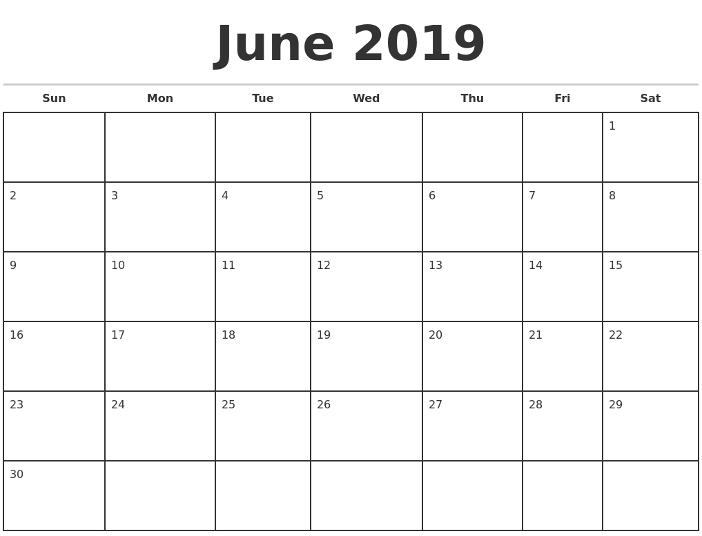 June 2019 Monthly Calendar Template
