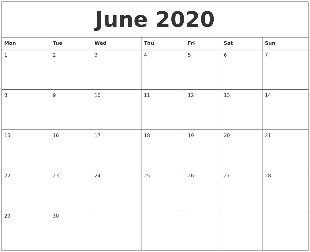 June 2020 Calendar Printable Free