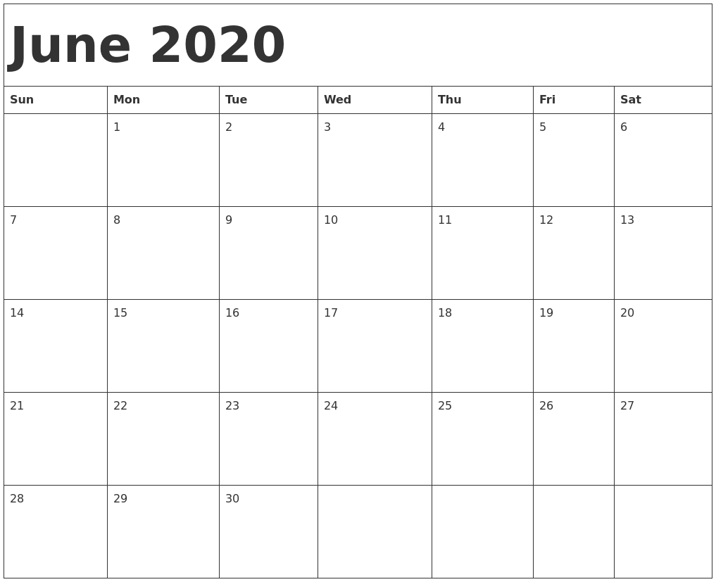 June 2020 Calendar Template