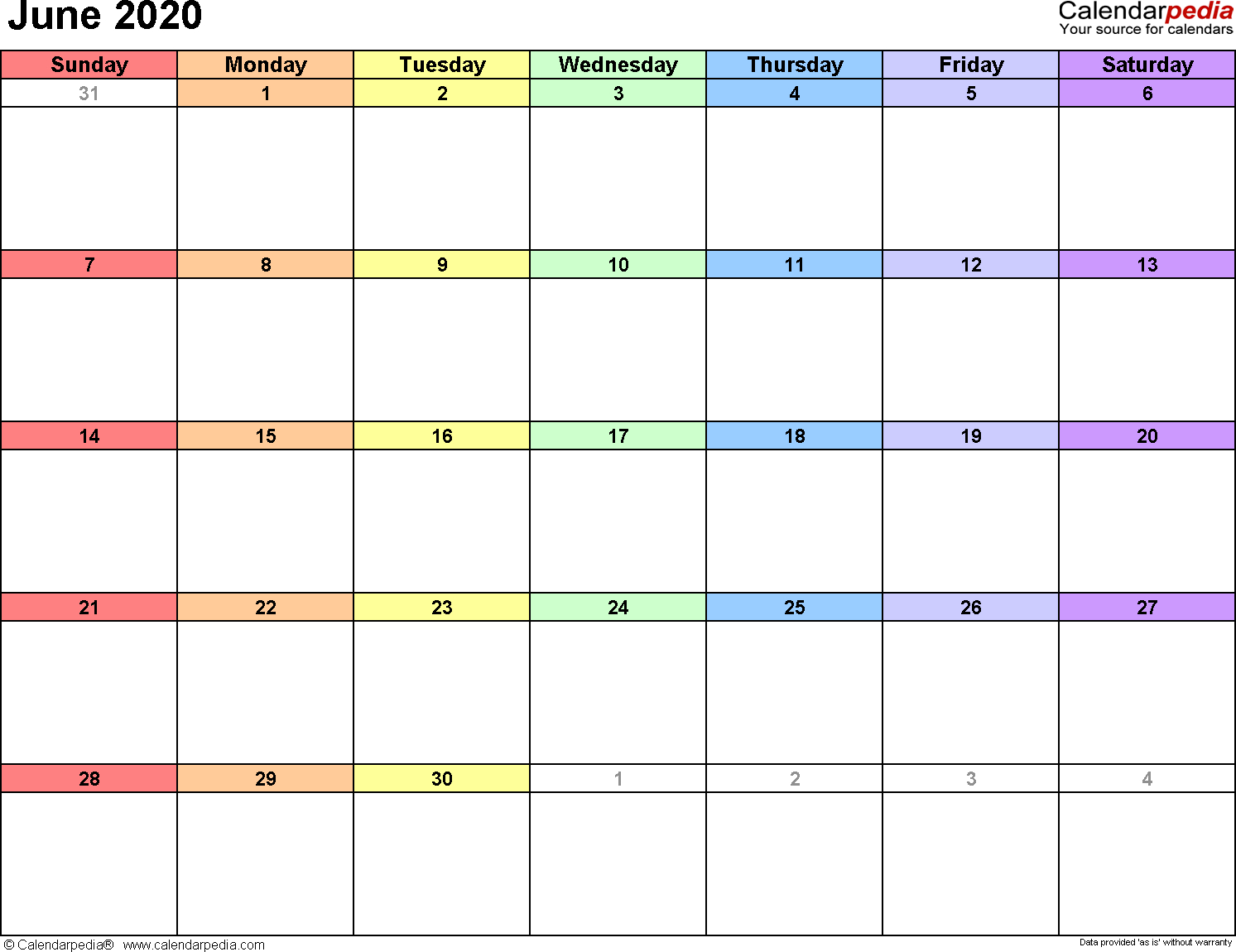 June 2020 Calendars For Word, Excel &amp; Pdf