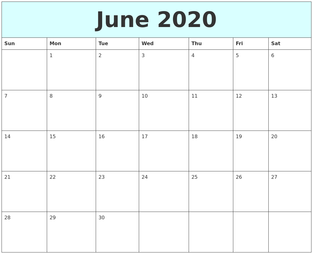 June 2020 Free Calendar