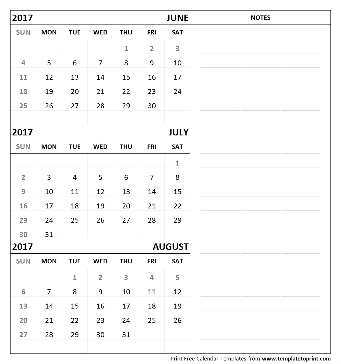 June July August 2017 Calendar Printable Template Pdf