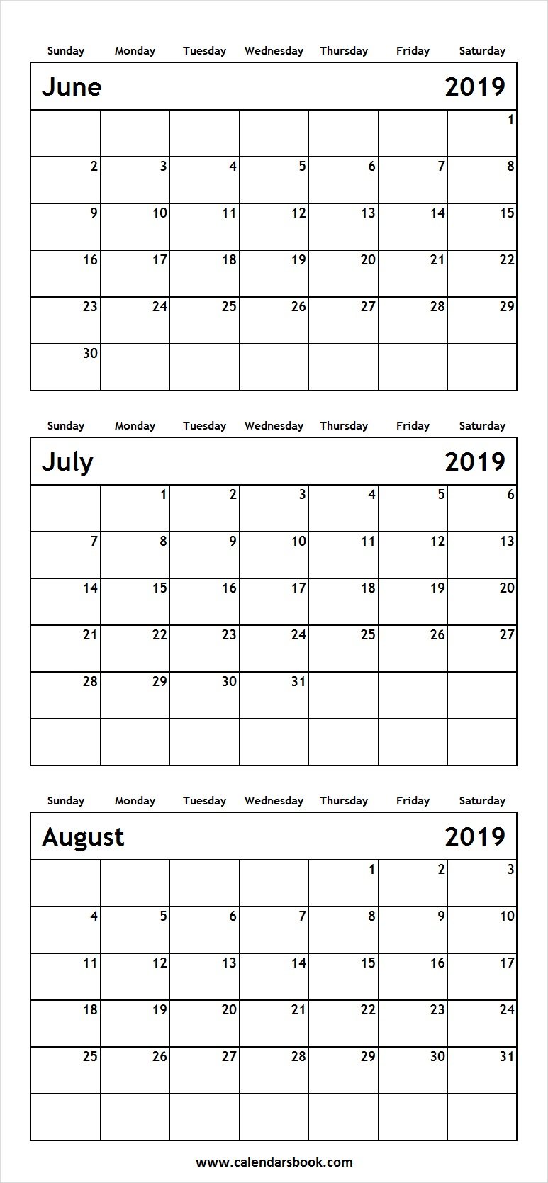 June July August 2019 Calendar Template | 3 Month Printable