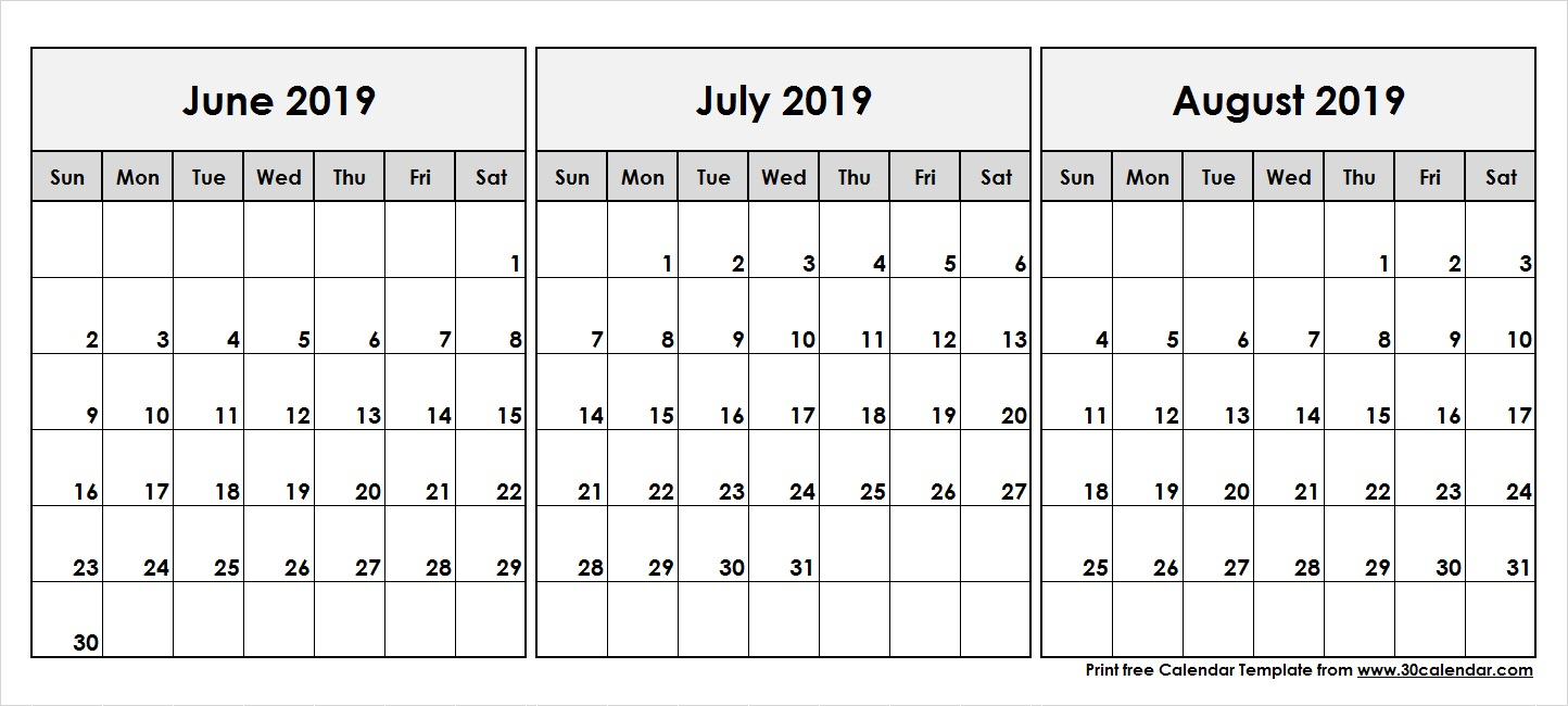 June-July-August-2019-Printable-Calendar - 30 Day Calendar
