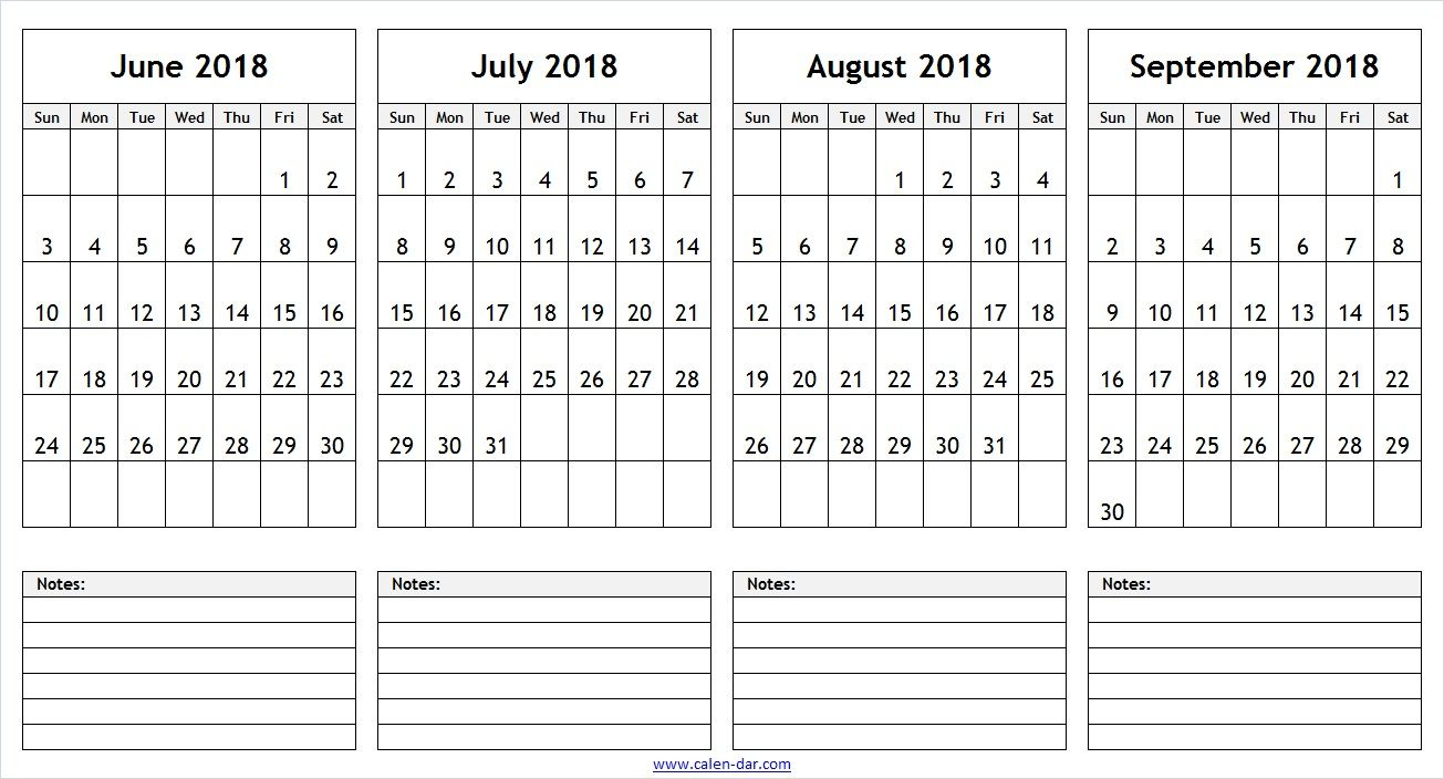 June July August September 2018 Calendar With Notes | 2018