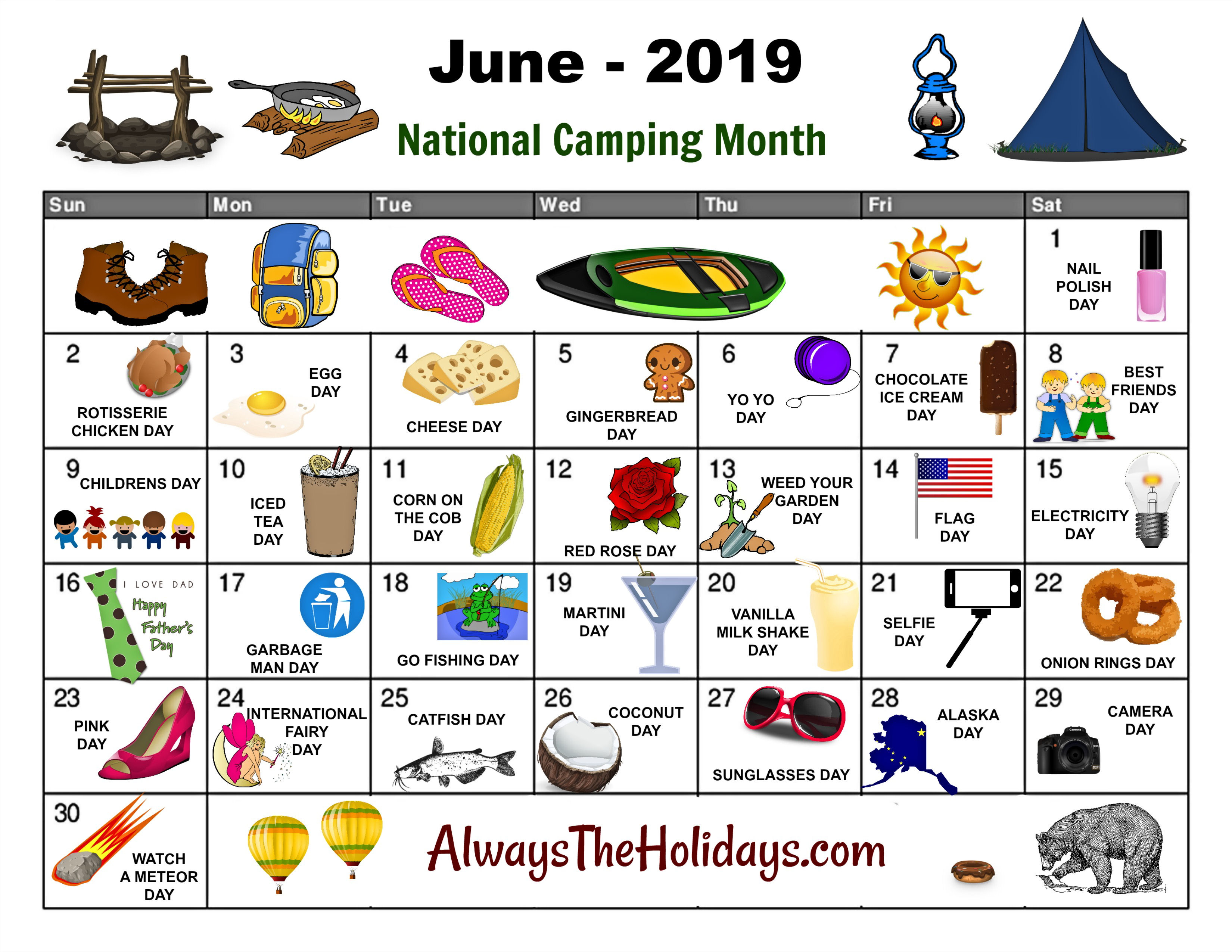 June National Day Calendar Printable - Father&#039;s Day, Camping
