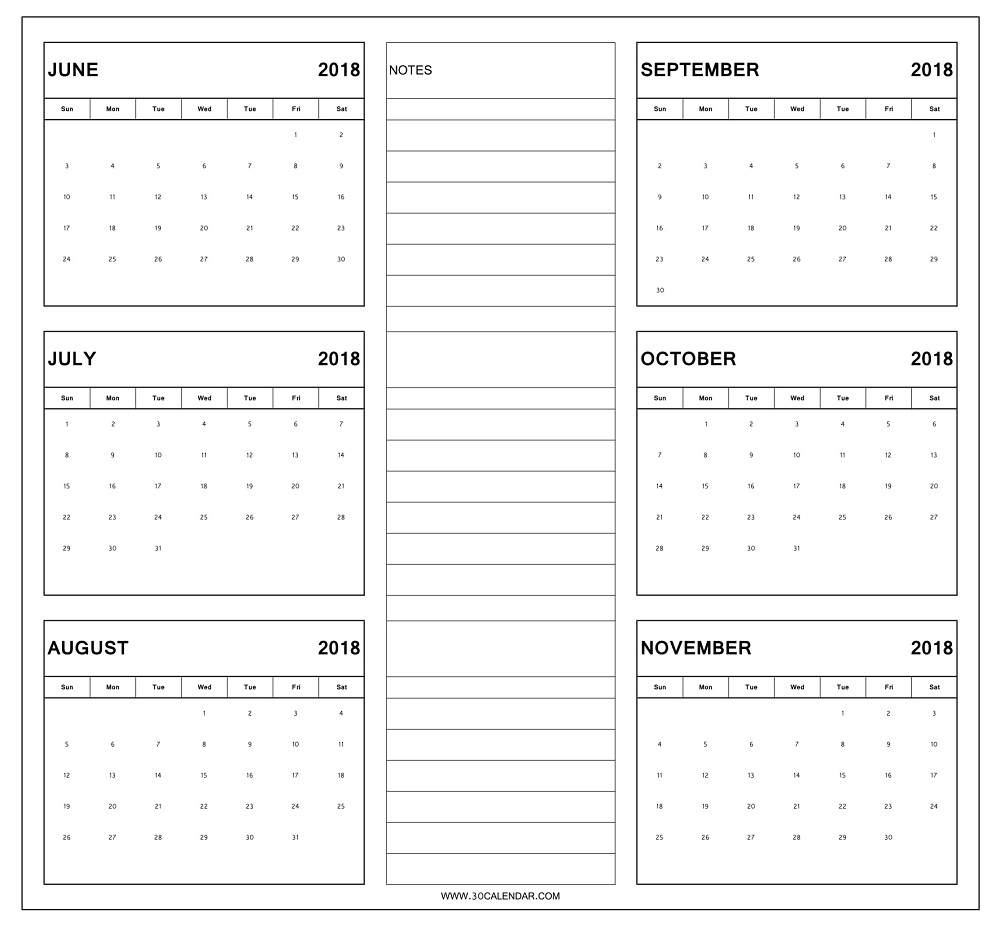 June To November 2018 Calendar Printable | 6 Month Calendar 2018