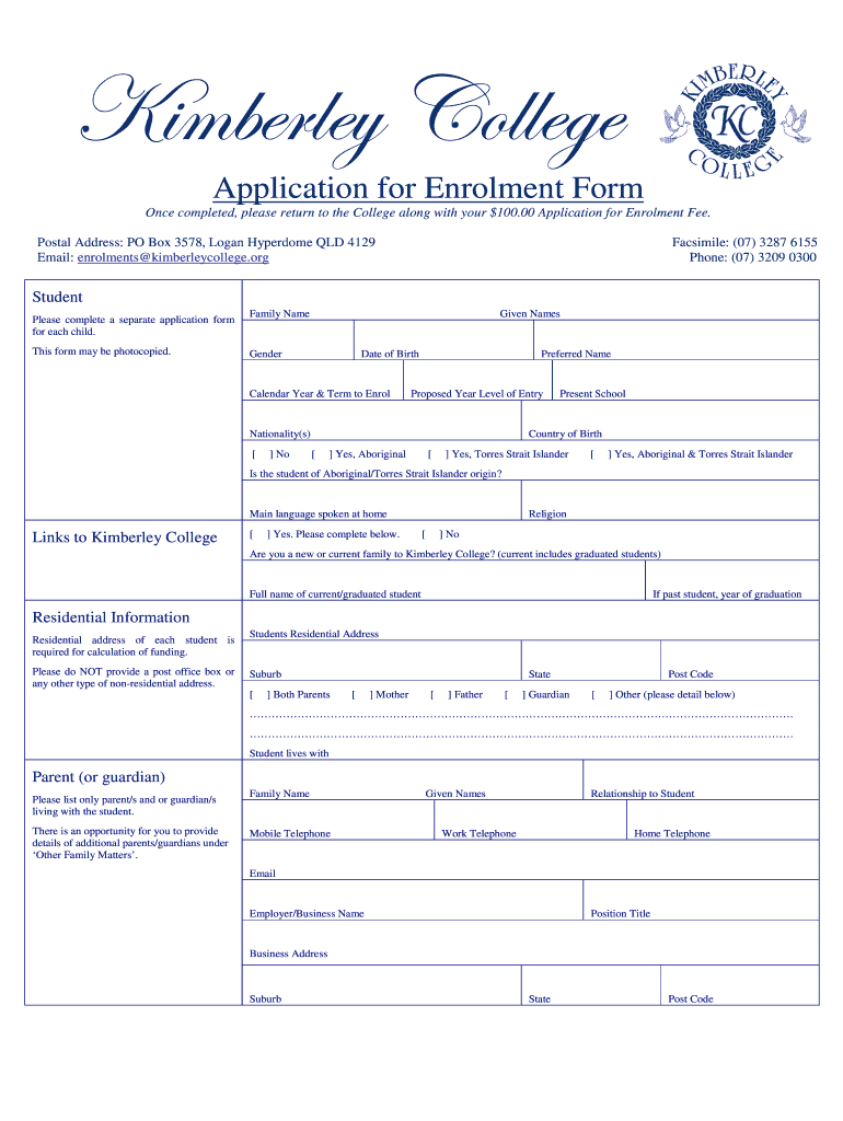 Kimberley College Application Form Fill Online Printable