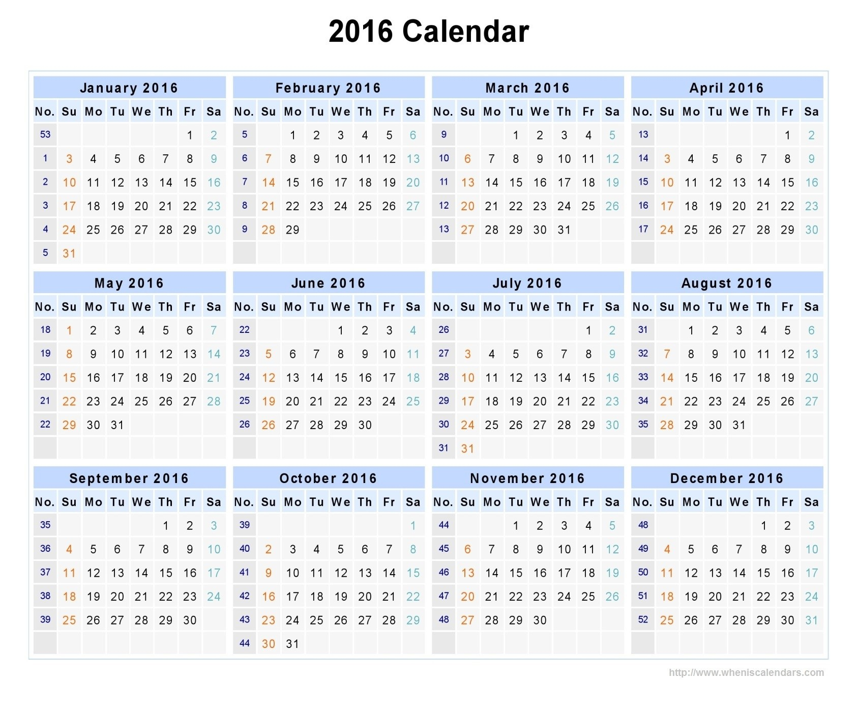 Landscape 2016 Blank Calendar 0 At With Week Numbers