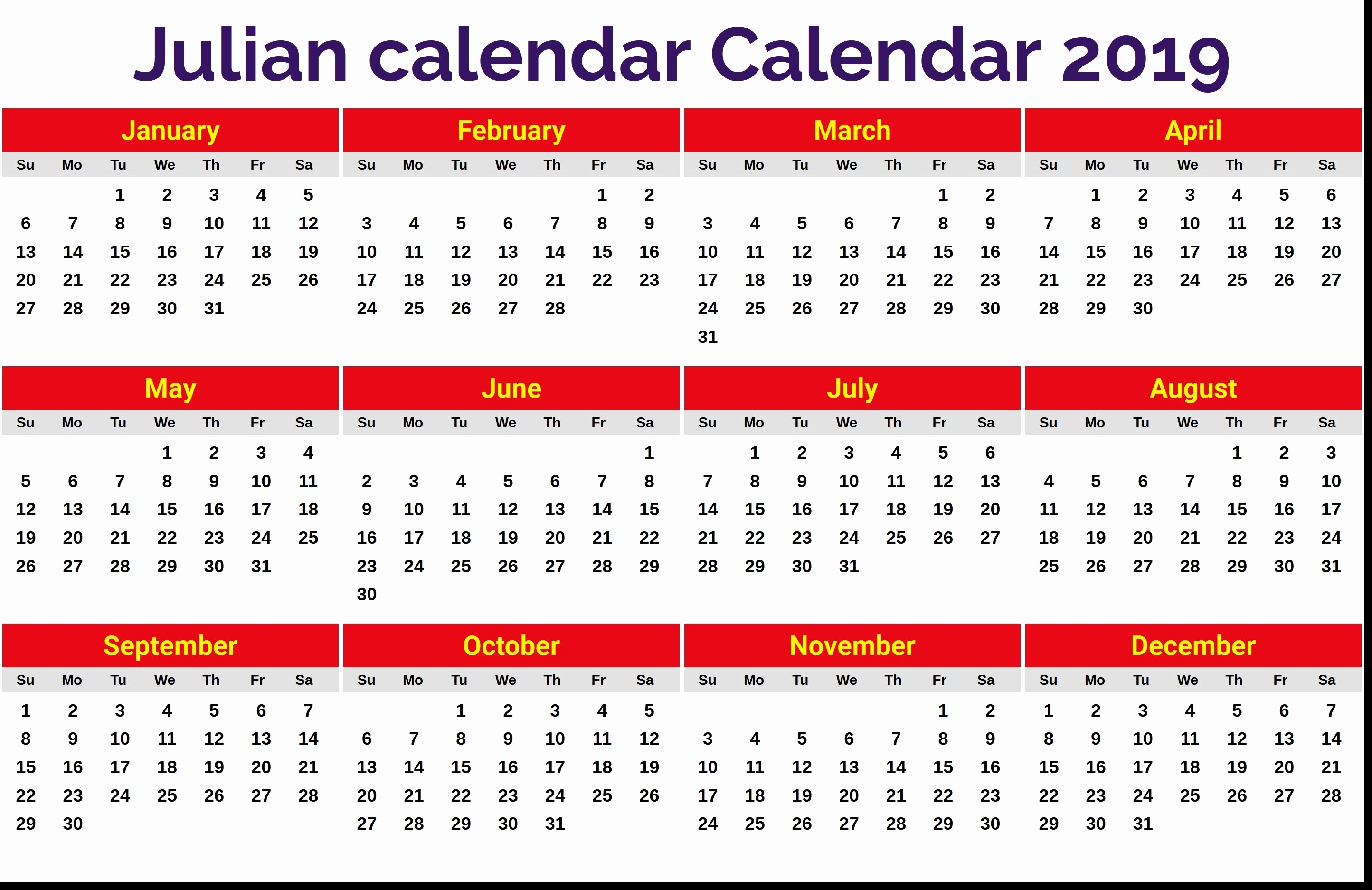 Printable Julian Calendar 1 Page Example Calendar Printable