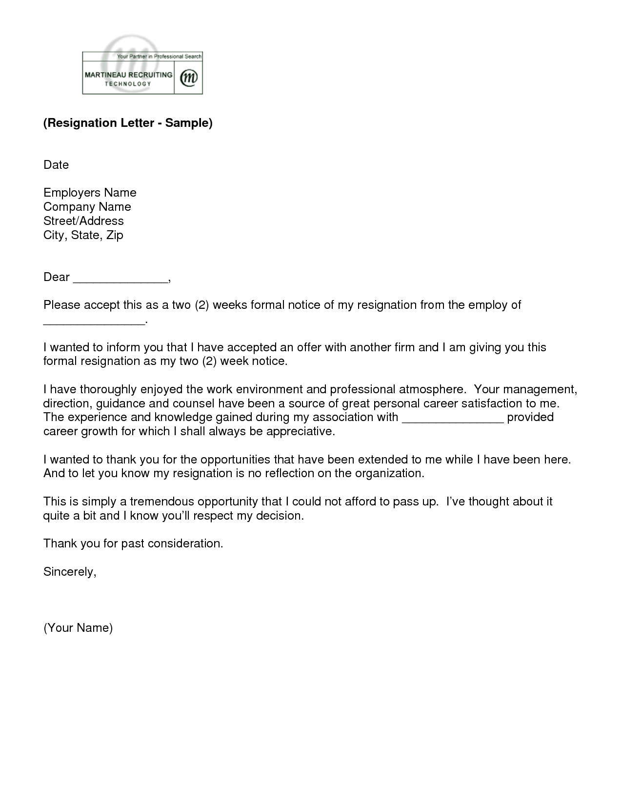 Letter Of Resignation 2 Weeks Notice Template | Ew