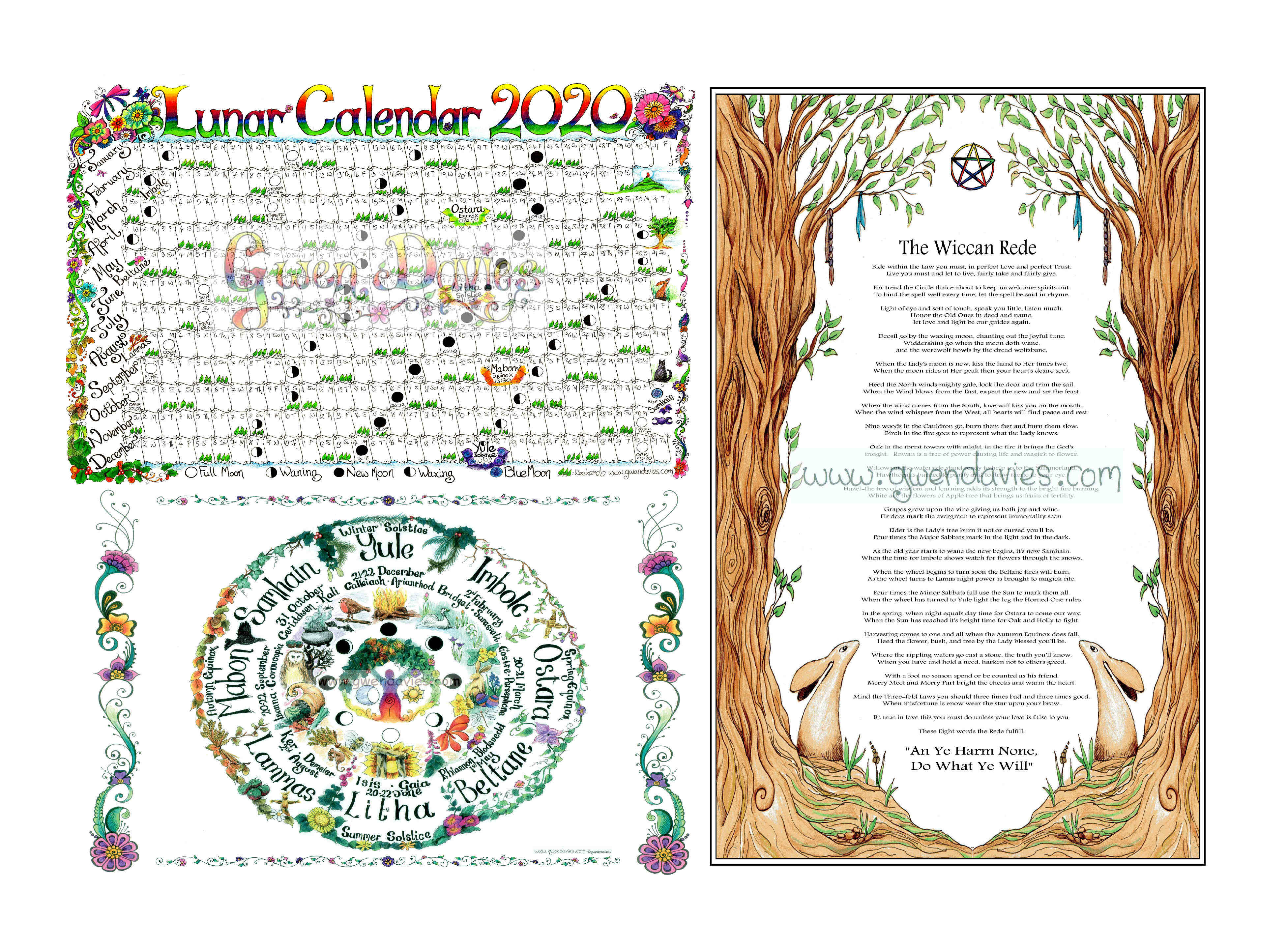 Lunar Calendar, Wiccan Rede And Wheel Of The Year Pagan Poster Set