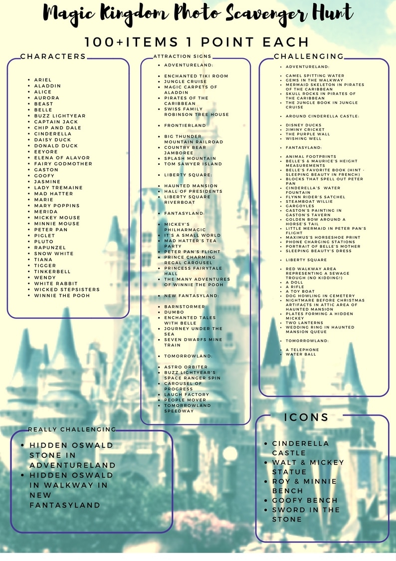 Magic Kingdom Photo Scavenger Hunt: Printable With 100+