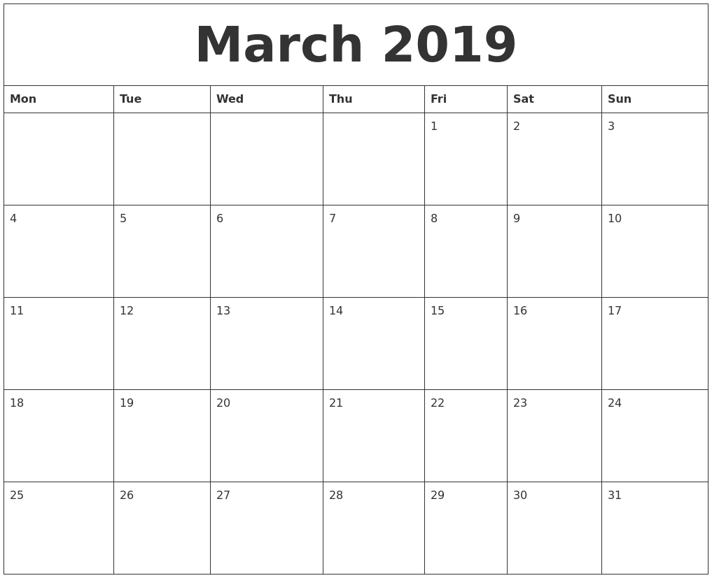 March 2019 Free Blank Calendar Template